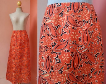 Paisley Skirt Hippie Skirt 70s Skirt Orange Skirt Vintage Skirt 1970s Skirt Womens Skirts High Waist Skirt Print Skirt Midi Skirt Small S
