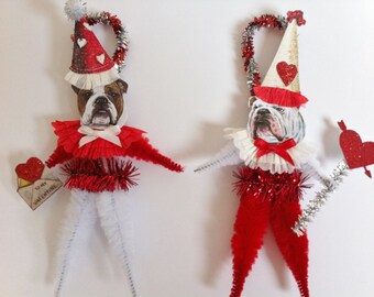 VALENTINE Bulldog doggie vintage style CHENILLE ORNAMENTS set of 2 feather tree