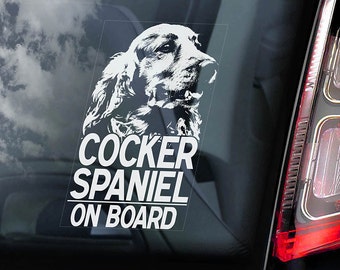 Cocker Spaniel on Board - Car Window Sticker - English Dog Sign Decal -V01