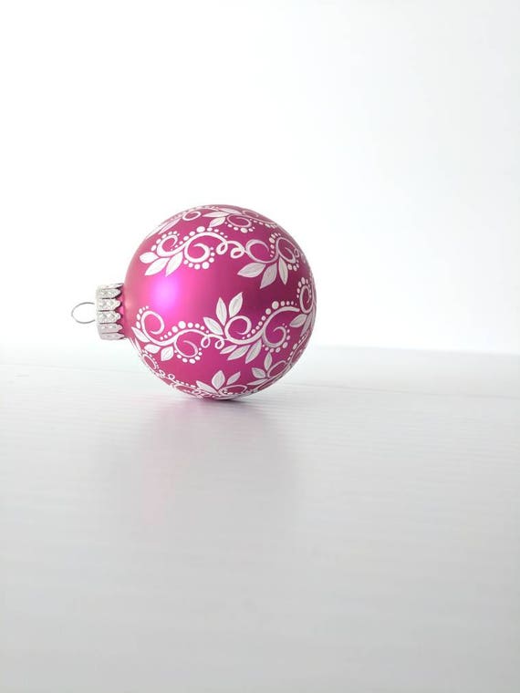 Hand Painted Ornament: magenta pink with white swirls dots and leaves Christmas Ornament magenta pink glass ornaments