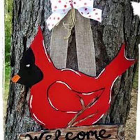 Cardinal door hanger welcome sign,red bird, home decor, wood, gift