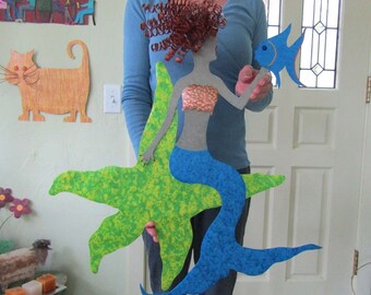 Large Metal Wall Art Mermaid Sculpture Recycled Metal Mermaid On Starfish Lime Green Turquoise Tropical Fish Redhead 24 x 25
