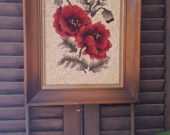 Poppy hooked rug, framed
