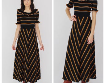 70s Chevron Maxi Dress- Black & Mustard, S/M, Boho Hippie, Jonfel Italy