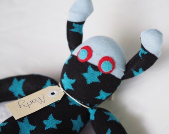 Sock Martian, sock monkey, soft plush toy, plush toy creature for children. Marty Martian.