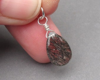 Black Rutilated Quartz Pendant, Rutilated Quartz Charm for Bracelet, Healing Stone, Sterling Silver Wire Wrapped Pendant, Stone 117