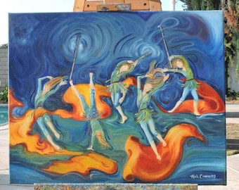 Fairy Art, Original, Oil, Painting, Fairies, Color Guard, Dancers, Abstract, Whimsical, Wall Art, Canvas, Art with Motion, Contemporary
