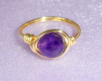 Amethyst wire wrapped ring, Gold amethyst wire wrapped ring, Gemstone ring, Purple stone ring, Gifts