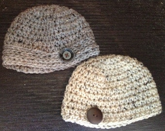 Crochet Tweed Beanie with Button Accent
