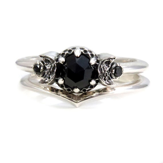 Gypsy Moon Child Black Diamond and Black Spinel Stacking Ring Set in Sterling Silver with Crescent Moons