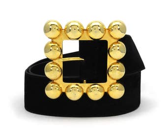 Bold Vintage 1980s Ornate Runway Statement Belt Black Suede Leather Large Geometric Gold-Tone Buckle Modern Belt Germany Medium