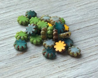 Glass Flower Beads- Cactus Flower Beads, 9mm- green, yelllow, aqua and sky blue picasso 25 pack