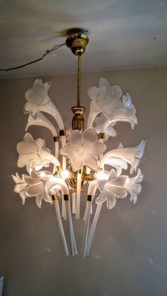 Murano Hand Blow Glass Calla Lily Vintage Brass Antique Light