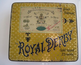 Royal Derby Gold Tipped cigarette tin (100/empty) by Ed Laurens c 1920/30