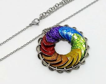 Large Rainbow Pride Pendant - LGBT Necklace - 2 inch Turbine - LGBT Jewelry - Chainmaille