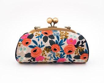 Womens Floral Clutch Bag, Bridesmaid Gift, Kiss lock Clasp Clutch Purse, Canvas Riffle Paper Co Le Fleurs, Wedding Gift, Gifts for her