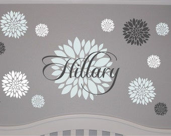 Personalized Flower Monogram with Name Decal Set - Dahlia Flower Decal - Girls Name Flower Decal - Flower Wall Decal