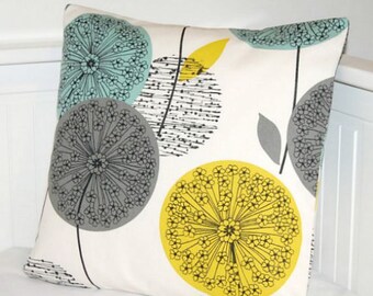 teal blue grey mustard yellow dandelion cushion cover, decorative pillow cover 18 inch