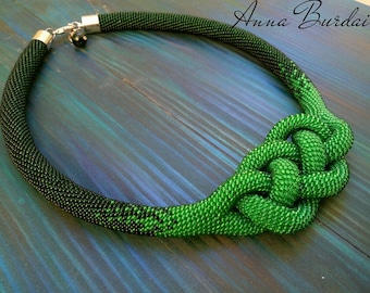 Green crochet rope Statement necklace Josephine knot Seen bead necklace Crochet jewelry Spring necklace Gift for women Big green jewelry