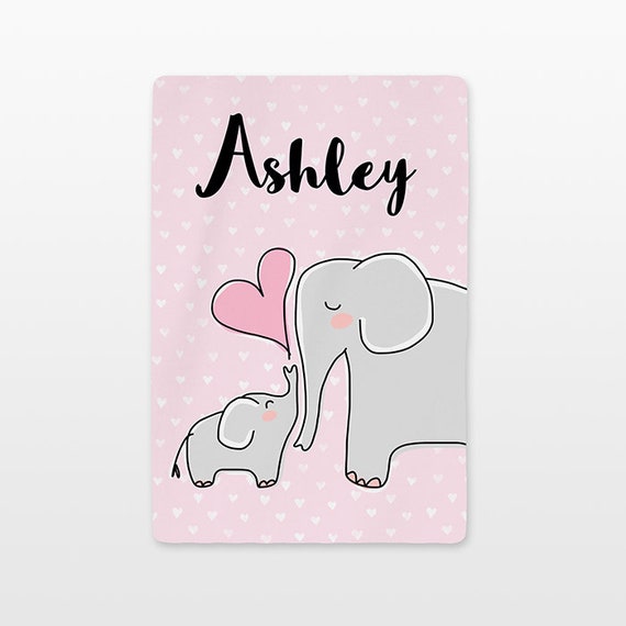 Elephant Personalized Baby Blanket Custom Name Baby Girl Throw Plush Minky Soft Fleece Kids New Baby Gift Idea Cute Animal Gray Light Pink