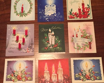 Lot of 9 Vintage Christmas Cards featuring Candles (used)