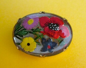 Vintage Glass Pin - Reverse Painted Floral Design - Flower Brooch Intaglio