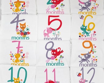 Colorful Kitty Cat Monthly Baby Onesies, 12 Month Set, Perfect Baby Shower Gift