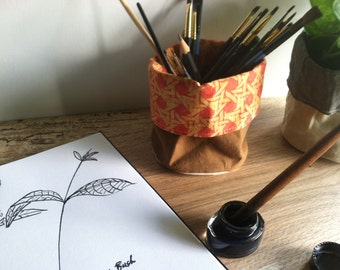 Mother's Day Gifts, SMALL Waxed Organic Canvas Bucket Bag with Pretty Cotton Liner - Nesting Fabric Bins