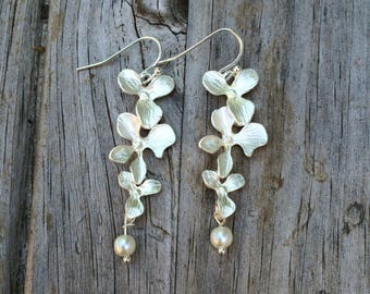 Long Floral Orchid Pearl Earrings, Bridesmaid Earrings, Gift for her, Birthday Gift, Christmas Gift, Gift for Mom, Gift for Women, Wife Gift
