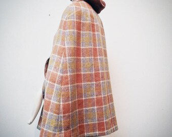 1960s Wool Plaid Cape with Gold Silk Lining, best for Small Frame