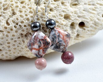 rhodonite earrings hematite-high quality