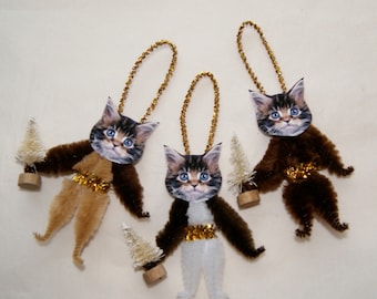 Chenille Cat Ornaments, Primitive, Vintage Style, Trio of Kittens (170)
