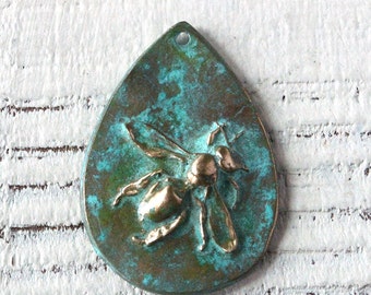 Handmade Bronze Honey Bee Pendant with Green Patina - Nature Inspired Teardrop Pendant Bead - Jewelry Making Supplies - Verde Gris