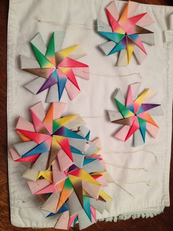 Lot of 12 rainbow starburst origami ornaments. NEW LOWER