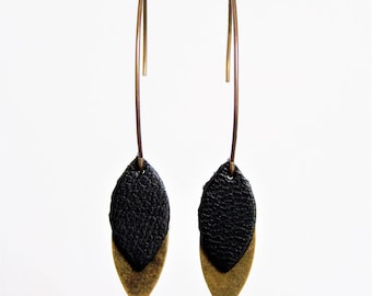 Black leather and brass petals earrings