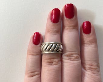 Vintage Diagonal Striped 925 Sterling Silver Thich Band Ring