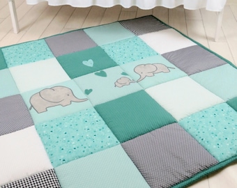 Baby Play Mat, Baby Mat , Baby Activity Mat, Elephant Baby Playmat, Playroom Decor, Mint Green, Teal Blue, Gray