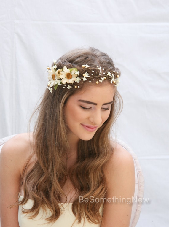 Rustic Floral Hair Vine of Ivory Daisies and Pearls Beaded