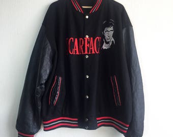 1980s Scarface vintage leather jacket, 80s, black, movie, oliver stone, say hello to my little friend, embroidered, al pacino, tony montana