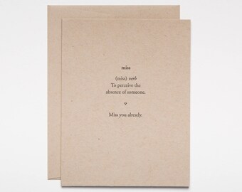 Miss you already - card for her - card for him - best friend thinking of you - moving card - bon voyage letterpress cards Of Note Stationers