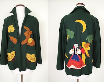 Too Cute for Words 1950's Mexican Tourist Jacket with Adorable Appliques Rockabilly VLV Pinup Mexicana Jacket Size-medium