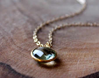 Green Amethyst Bezel Set Pendant Necklace - 14K Goldfilled....LIMITED EDITION