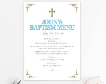 Menu bautizo chico, menu imprimible, baptism menu, menu cards, digital file, bautizo, comunion, fiesta, gold baptism, gold and blue BFC02