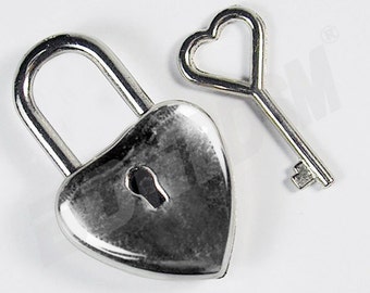 Heart shaped Silver color Padlock and key, Nickle plated pad lock with key