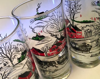 Set of five vintage winter wonderland scene glass tumblers