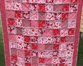 Reds Patchwork Rag Quilt 55"x66" Throw Lap Rag Quilt Red Floral Red Gingham Red Design Reversible