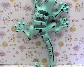 Lizard Gecko Wall Hook Cast Iron Boho Southwest Shabby Style Chic Cottage Beach Blue Garden Fence Art Coat Jewelry Leash Towel Keys Hook
