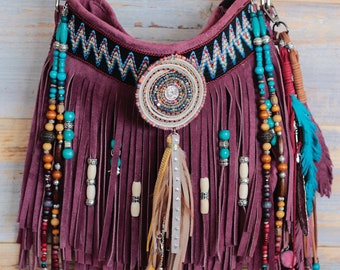 Boho fringe bag, leather fringe, festival purse, native american leather bag, burgundy leather bag, leather handbag, cowgirl purse, boho bag