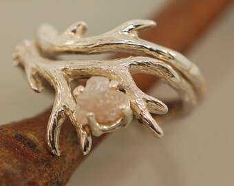 Antler Ring 2 Set with Raw Diamond,rough diamond ring,alternative engagement ring, twig ring, twig diamond ring, antler ring