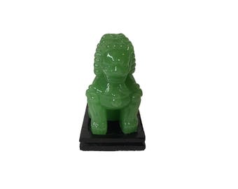 Peking Glass Jade Green Chinese Foo Dog on Wood Stand / Guardian Lion / Chinoiserie Decor / Foo Dog Figurine / Statue